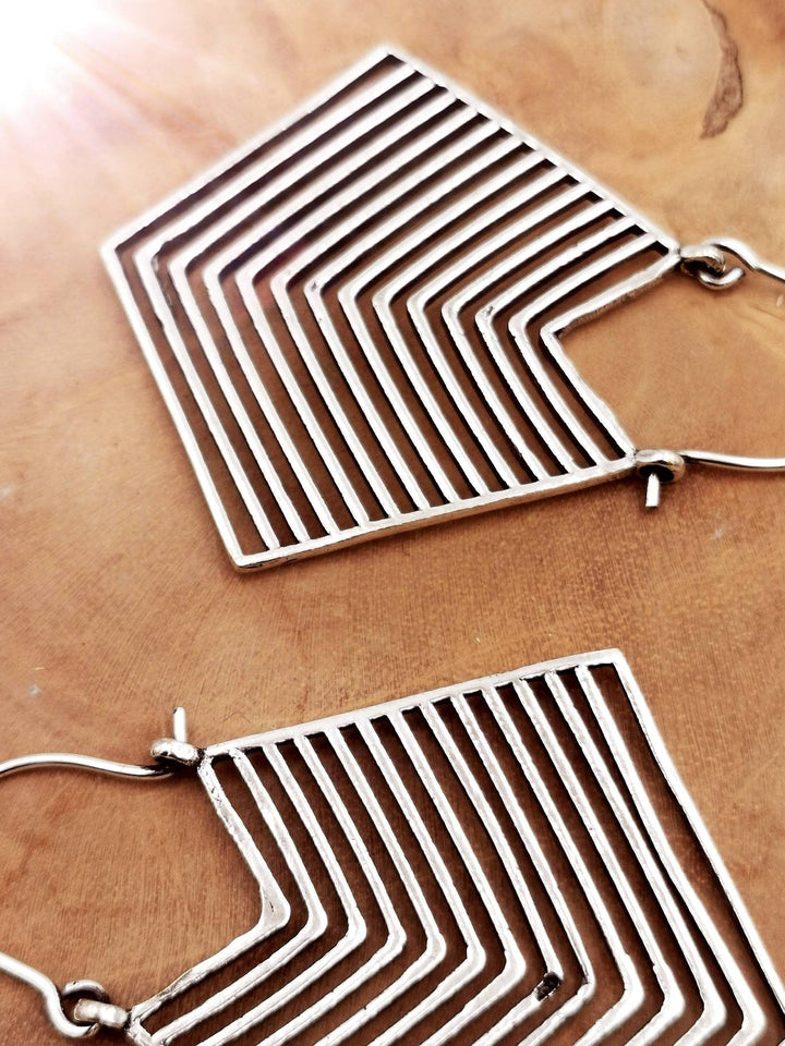 Tribal Geometric Hoop Earrings — Silver-Plated Brass
