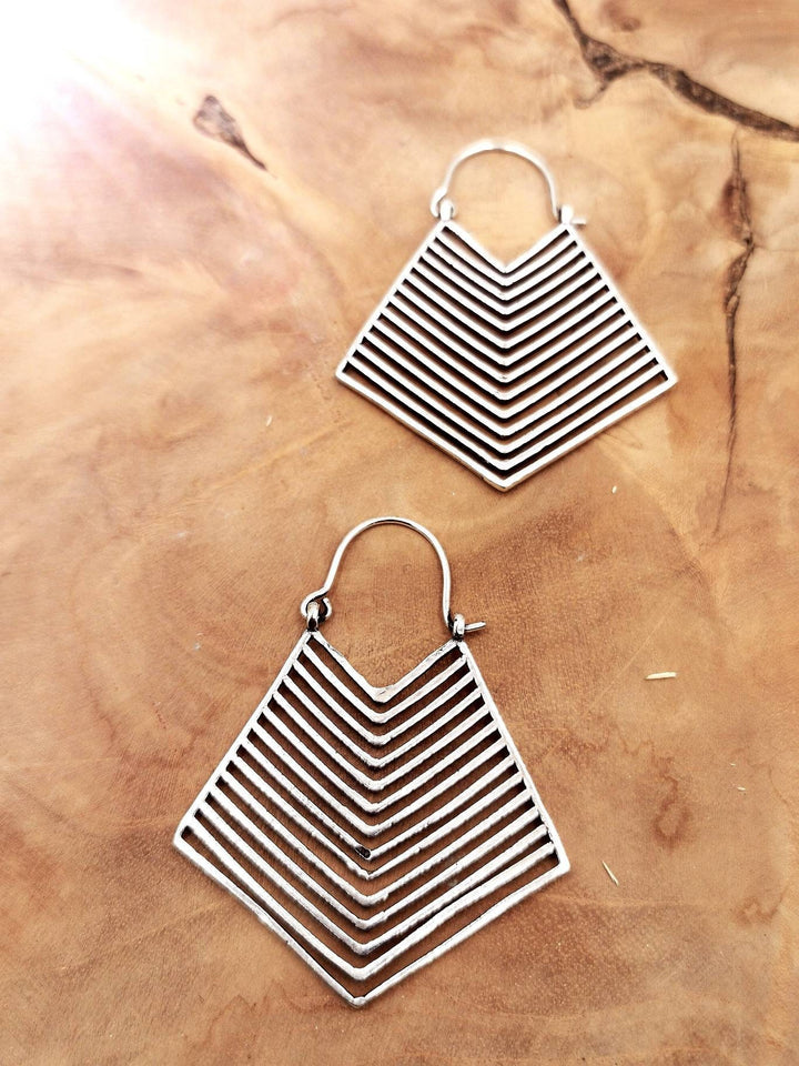 Tribal Geometric Hoop Earrings — Silver-Plated Brass