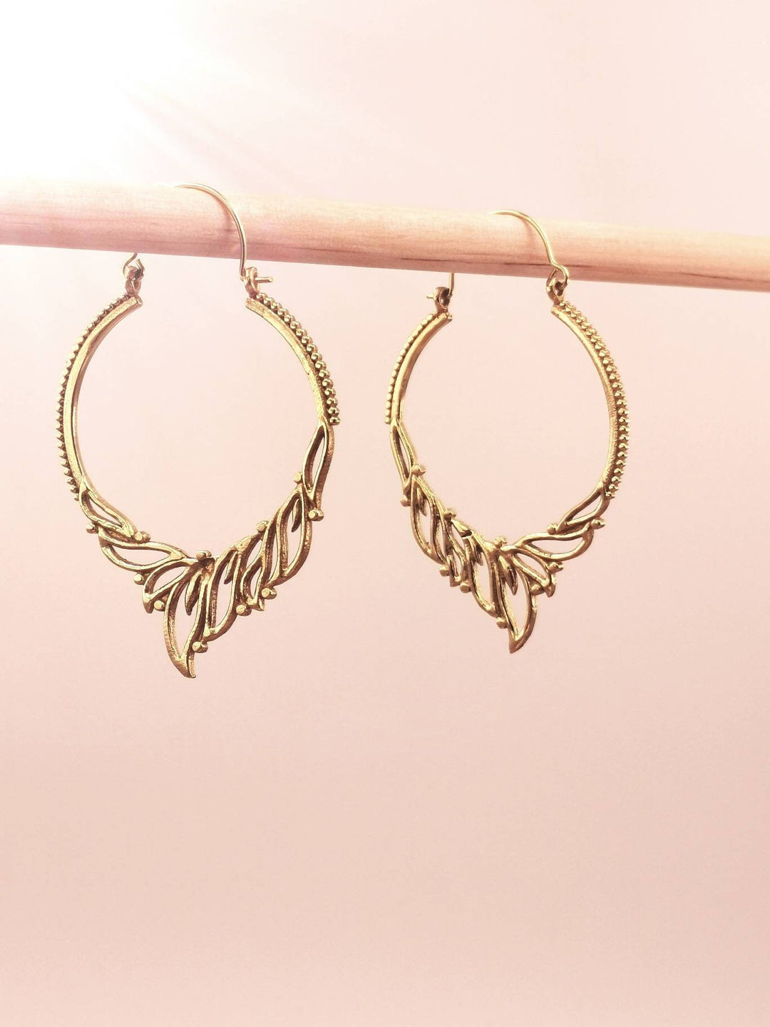 Large Boho Hoop Earrings with Oriental Flower Pattern — Brass
