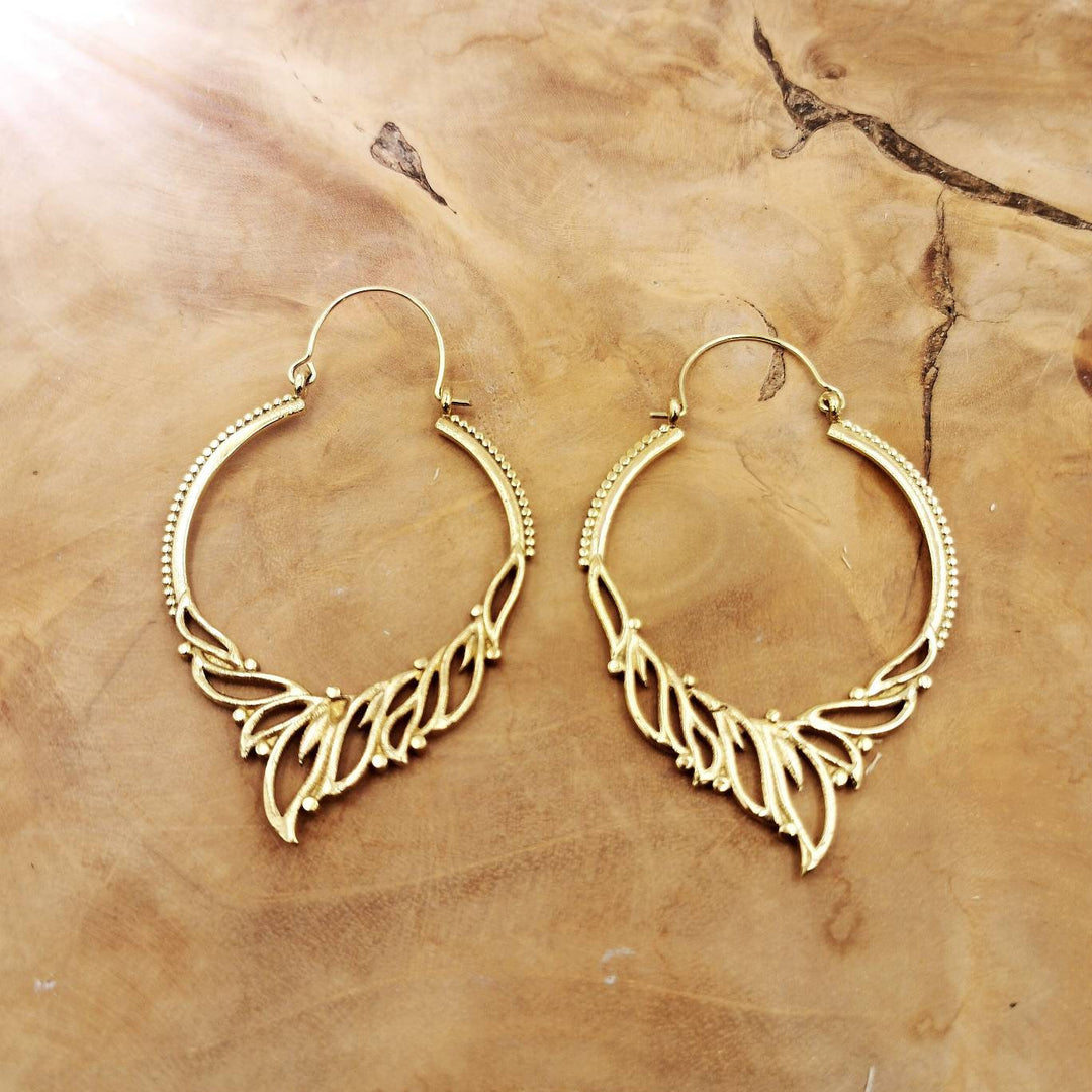 Large Boho Hoop Earrings with Oriental Flower Pattern — Brass