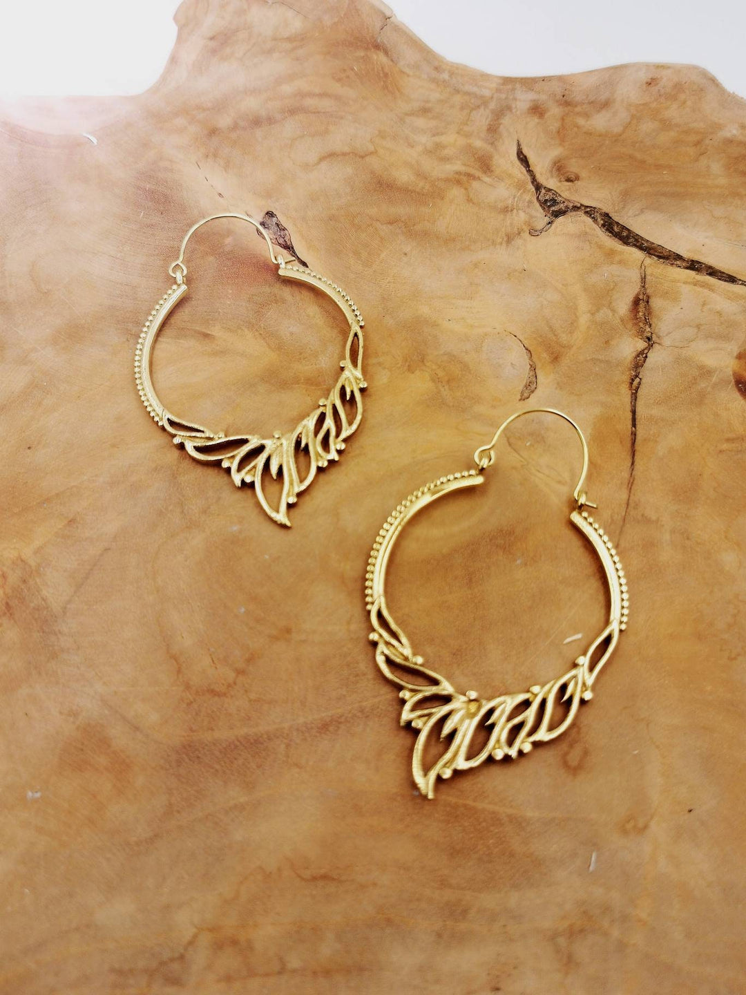 Large Boho Hoop Earrings with Oriental Flower Pattern — Brass