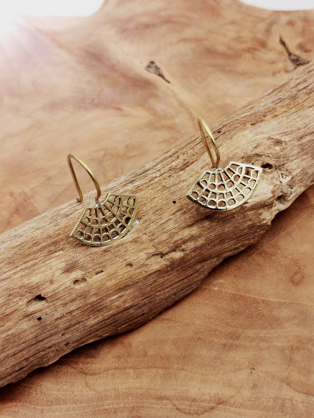 Oriental Fan Earrings, Ethnic Brass Dangles