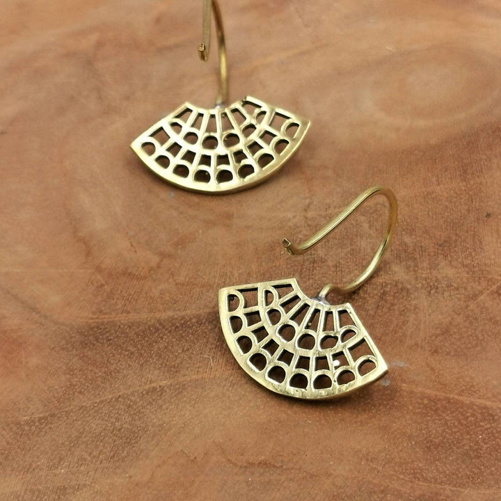 Oriental Fan Earrings, Ethnic Brass Dangles