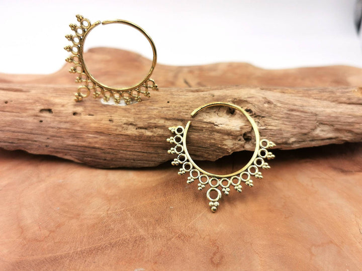 Elegant Brass Boho Hoop Earrings with Oriental Pattern