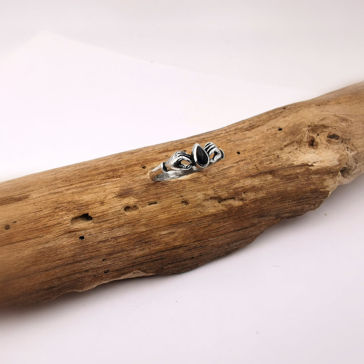 Embracing Hands 925 Silver Ring with Stone