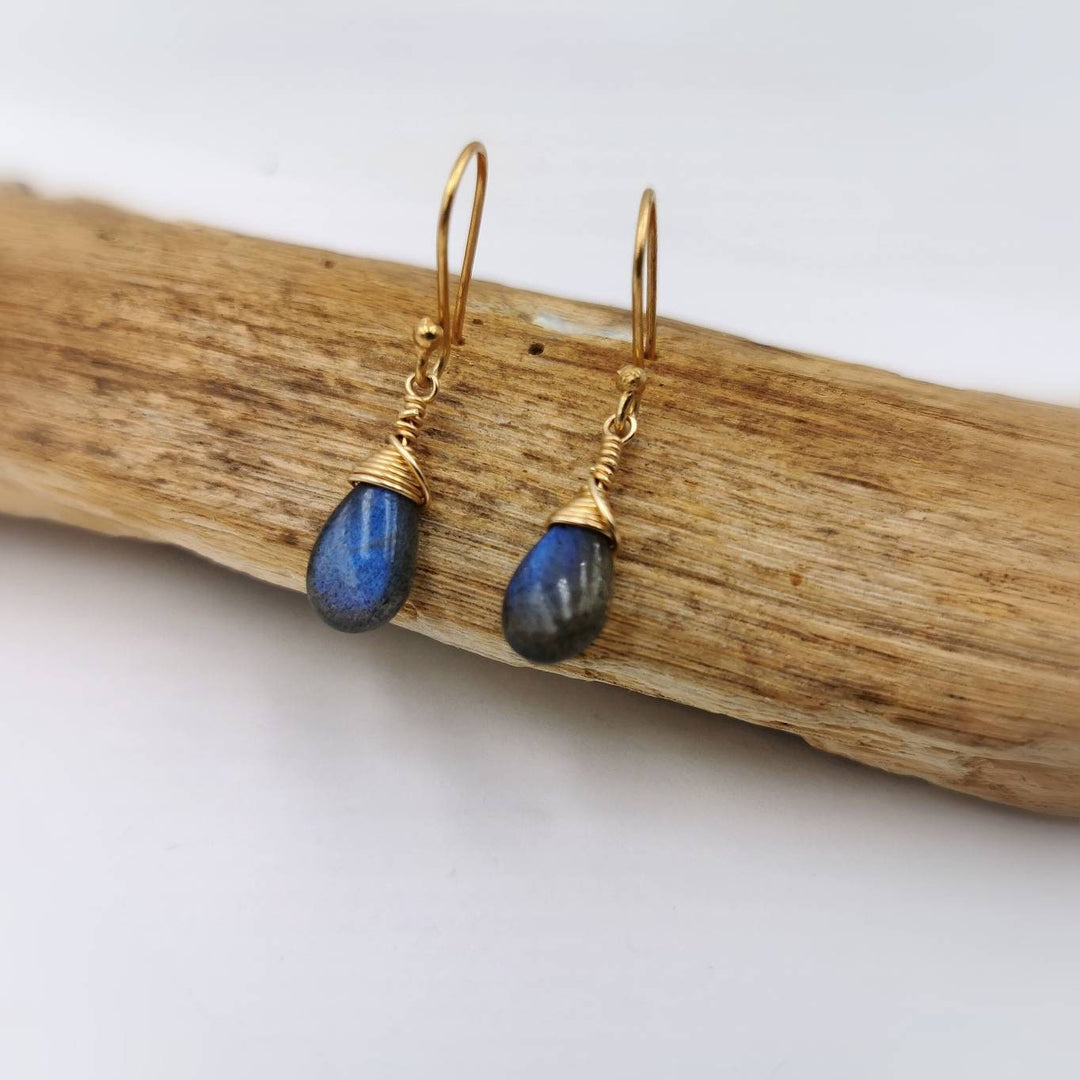 Blue Labradorite Drop Earrings Gold Plated 925 Silver
