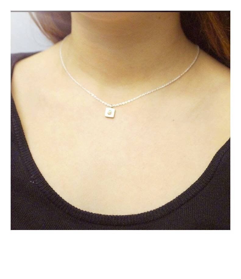 Square Geometric Necklace with Opal or Rainbow Moonstone - 925 Silver