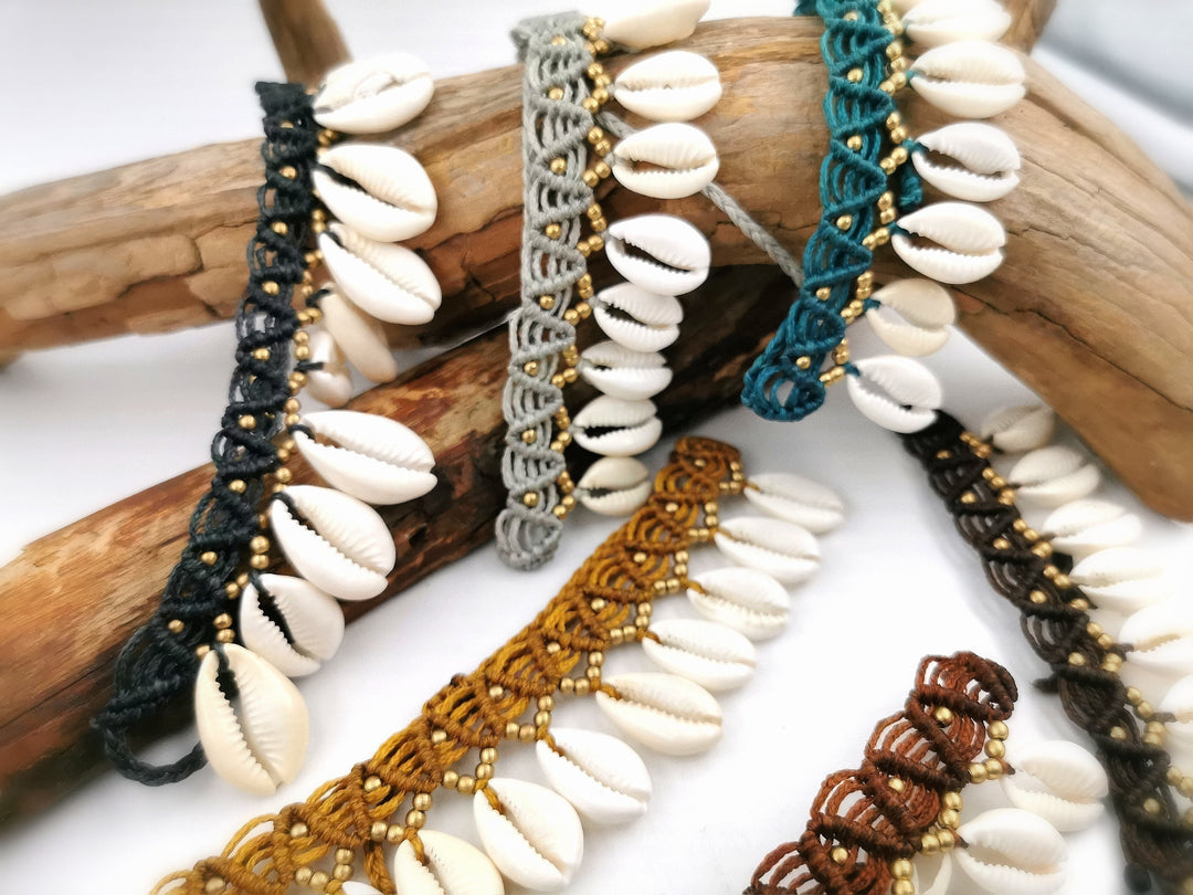Macramé Anklet with Cowrie Shells and Beads