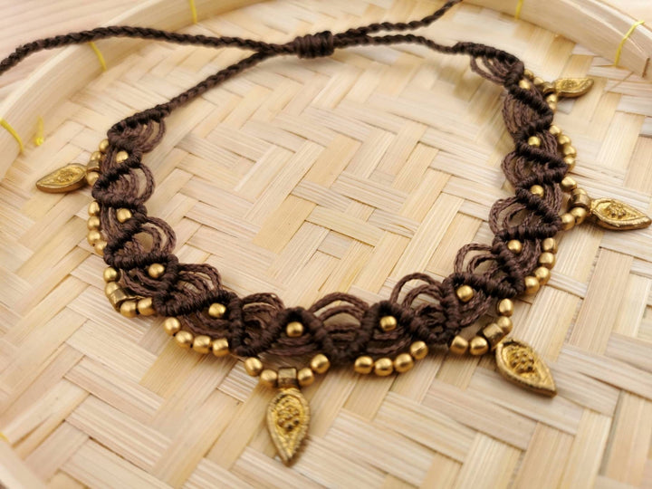 Macrame Anklet &amp;quot;Leaf&amp;quot; with Brass Beads in Different Colours