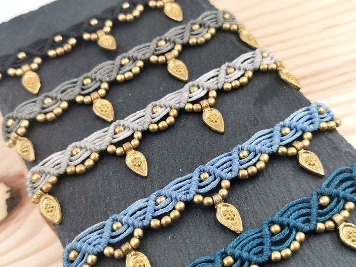 Macrame Anklet &amp;quot;Leaf&amp;quot; with Brass Beads in Different Colours