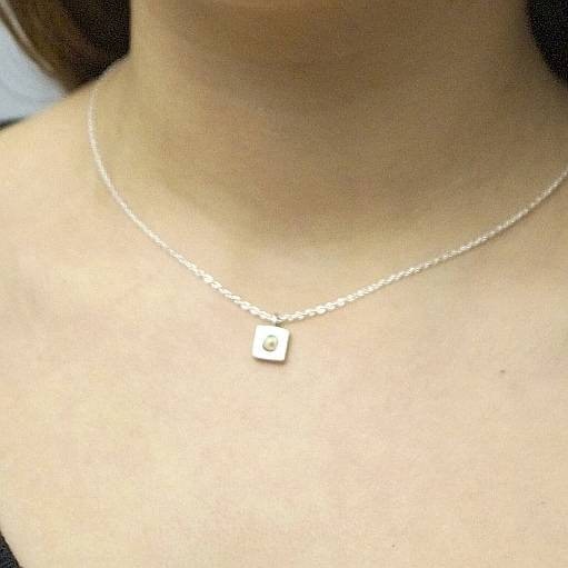 Square Geometric Necklace with Opal or Rainbow Moonstone - 925 Silver