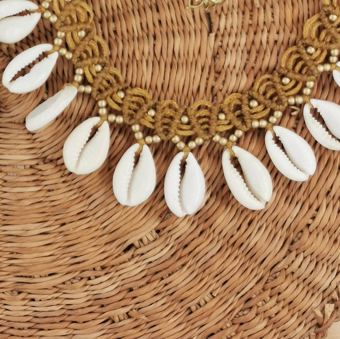 Macramé Anklet with Cowrie Shells and Beads