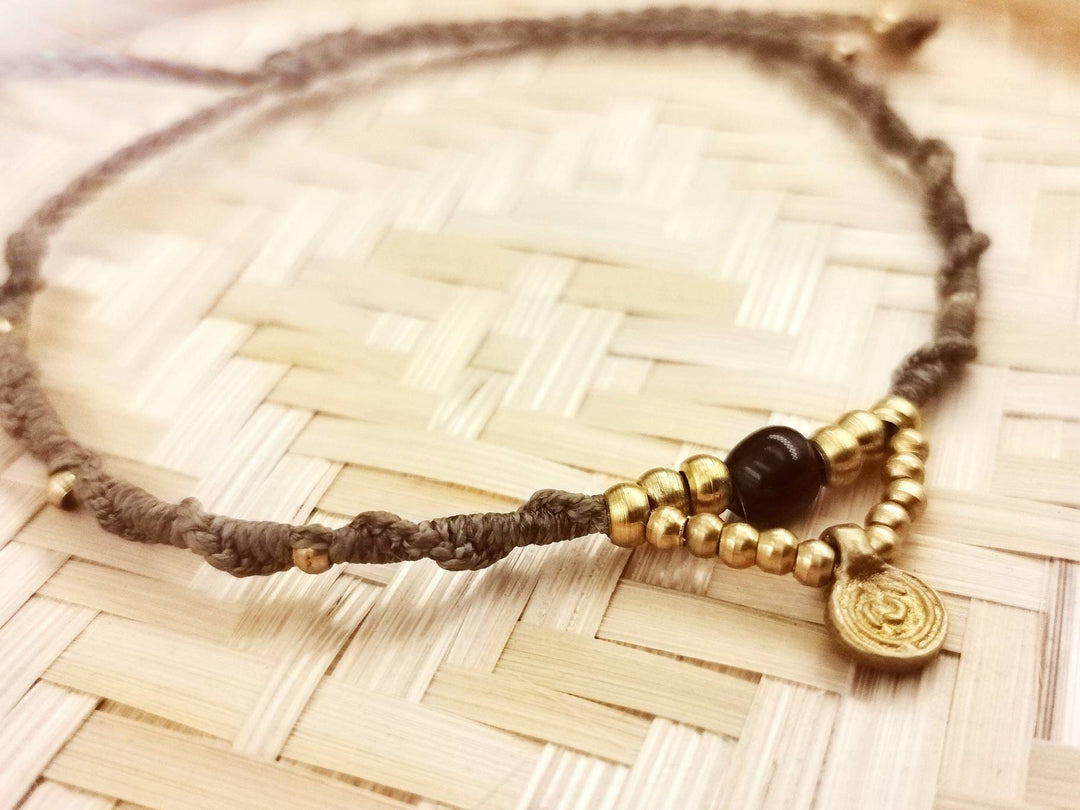 Macramé Anklet with Natural Stone Beads, Adjustable