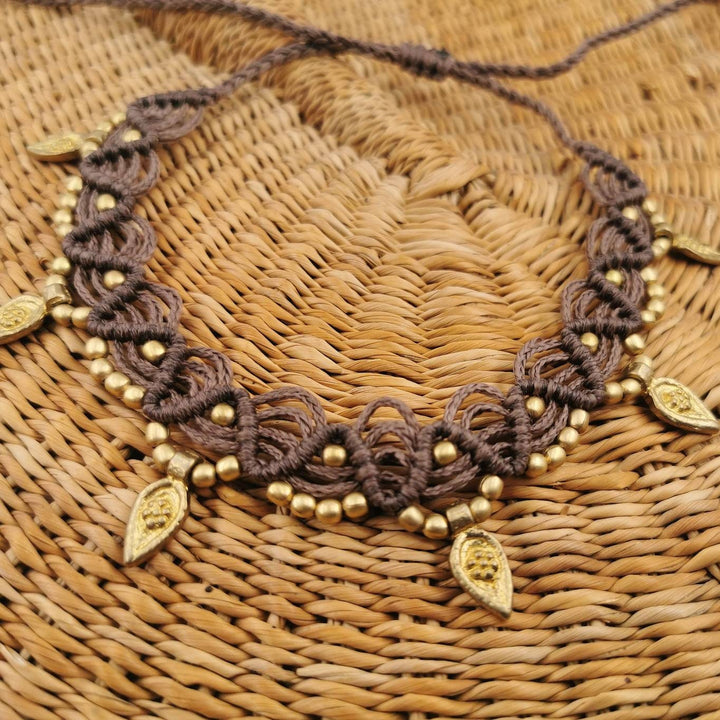 Macrame Anklet &amp;quot;Leaf&amp;quot; with Brass Beads in Different Colours