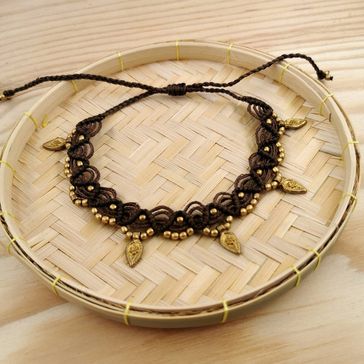 Macrame Anklet &amp;quot;Leaf&amp;quot; with Brass Beads in Different Colours