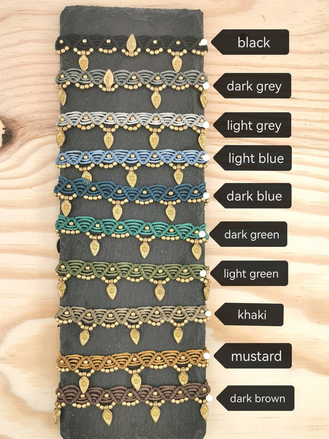 Macrame Anklet &amp;quot;Leaf&amp;quot; with Brass Beads in Different Colours