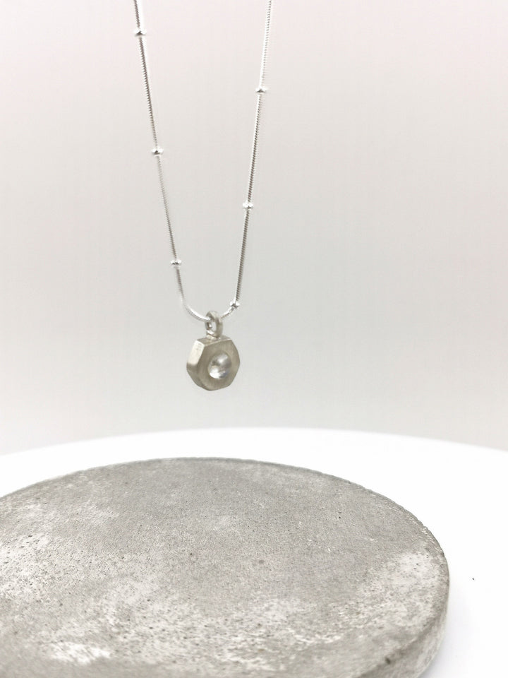 Rainbow Moonstone Hexagon Charm Necklace -  925 Silver
