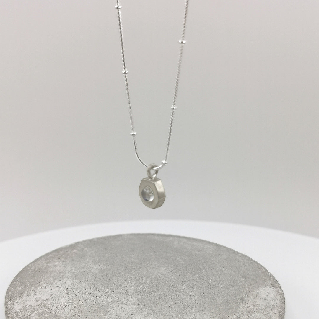 Rainbow Moonstone Hexagon Charm Necklace -  925 Silver