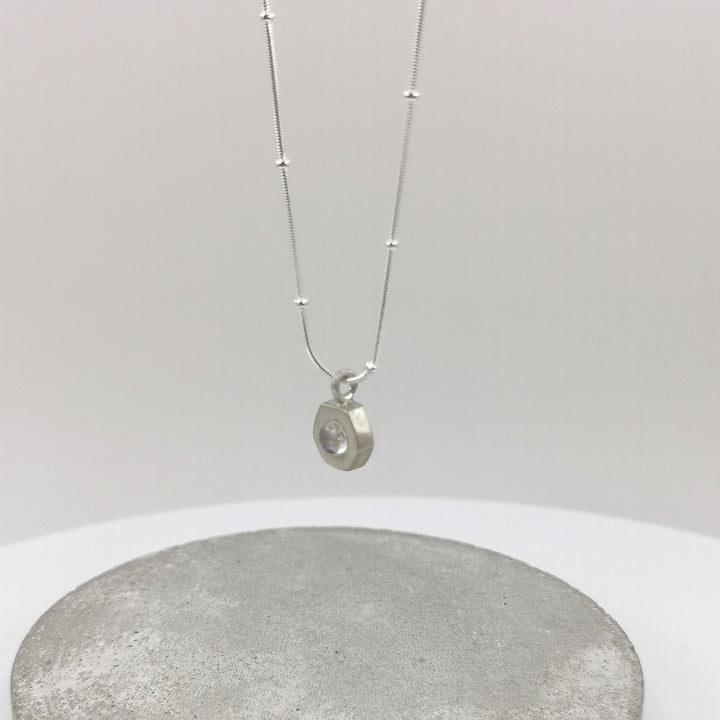 Rainbow Moonstone Hexagon Charm Necklace -  925 Silver