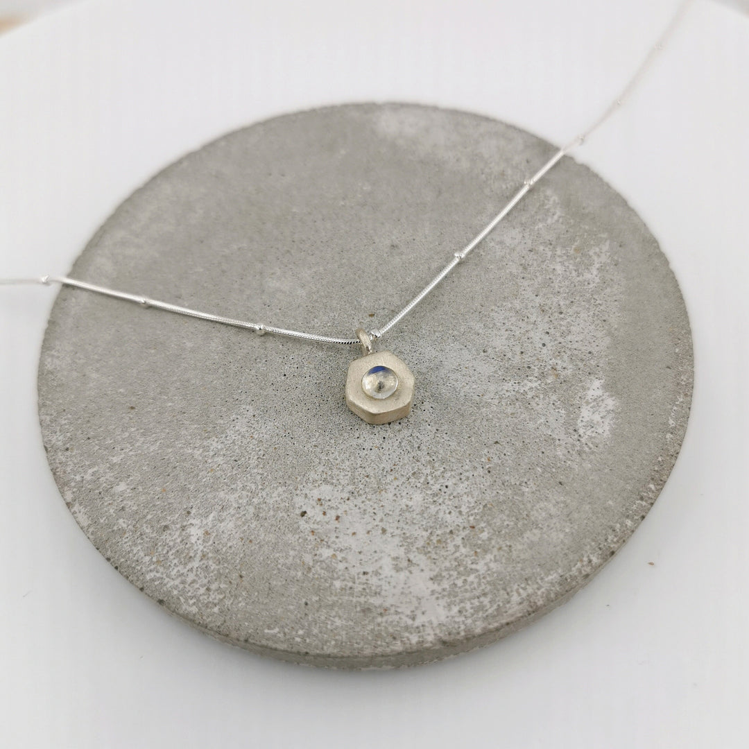 Rainbow Moonstone Hexagon Charm Necklace -  925 Silver