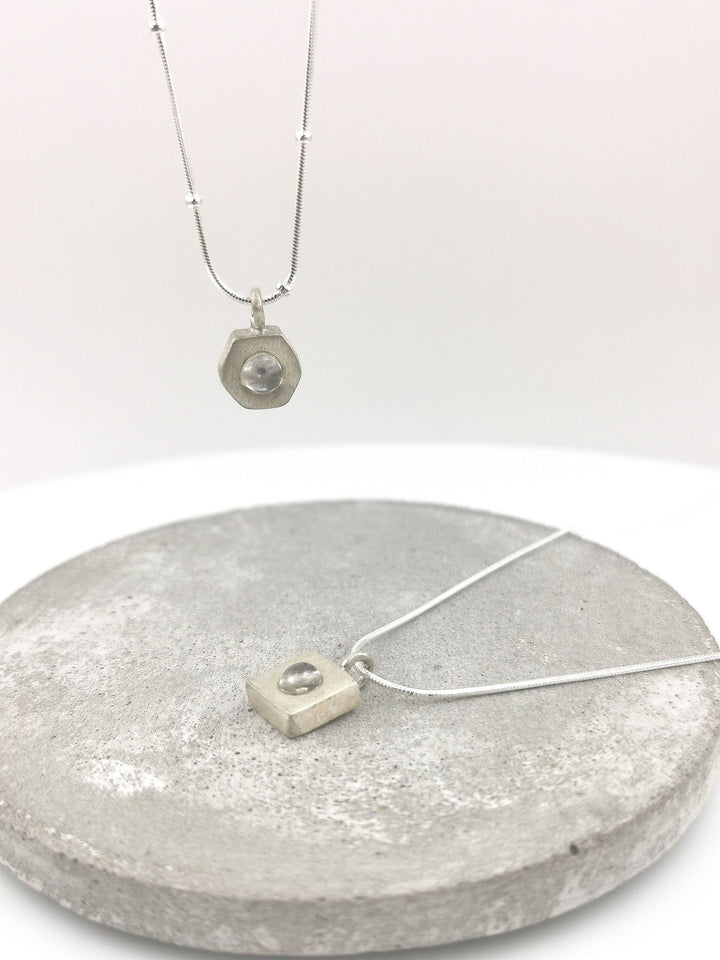 Rainbow Moonstone Hexagon Charm Necklace -  925 Silver