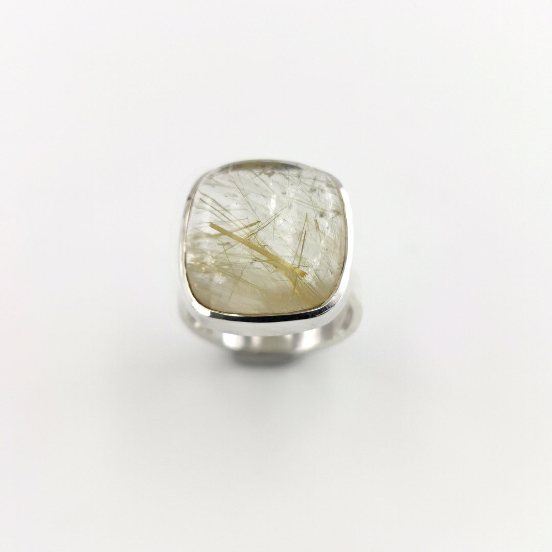 Gold Rutile Quartz Ring 925 Silver, Square Crystal Ring