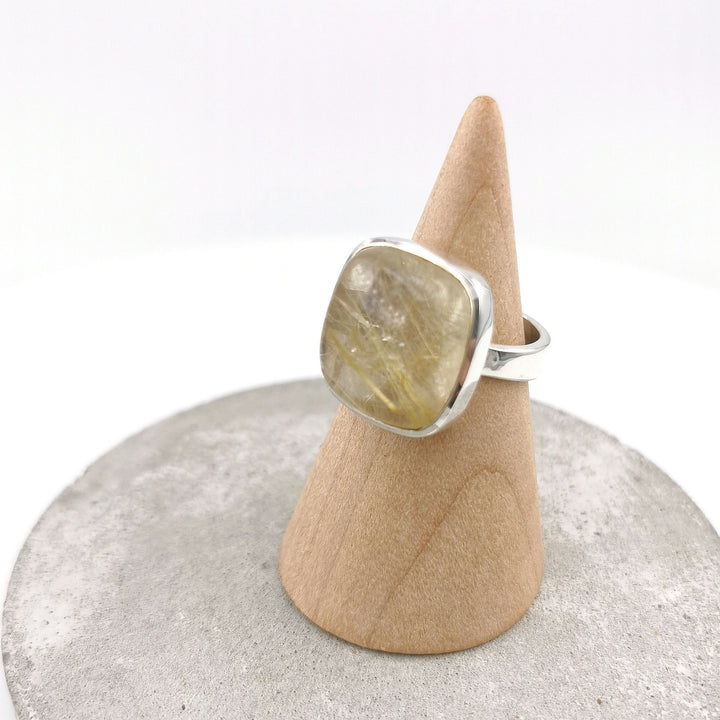 Gold Rutile Quartz Ring 925 Silver, Square Crystal Ring
