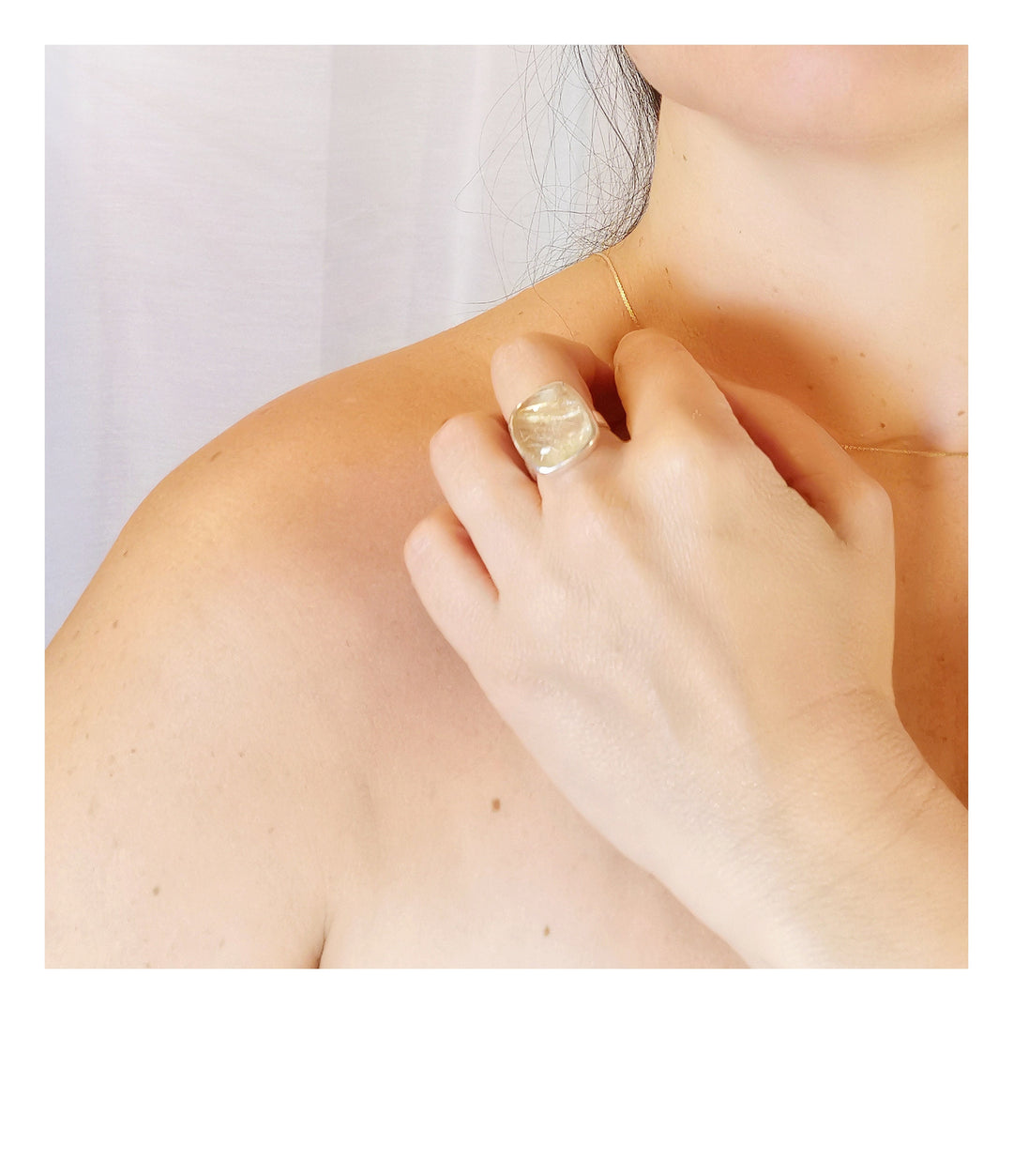 Gold Rutile Quartz Ring 925 Silver, Square Crystal Ring