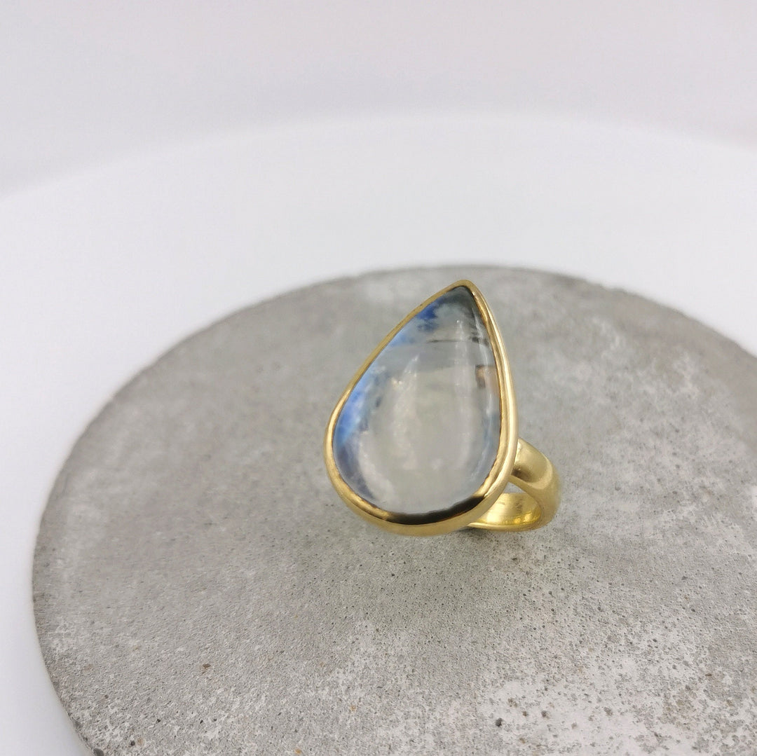 Gold Plated  Moonstone Ring Teardrop Gemstone