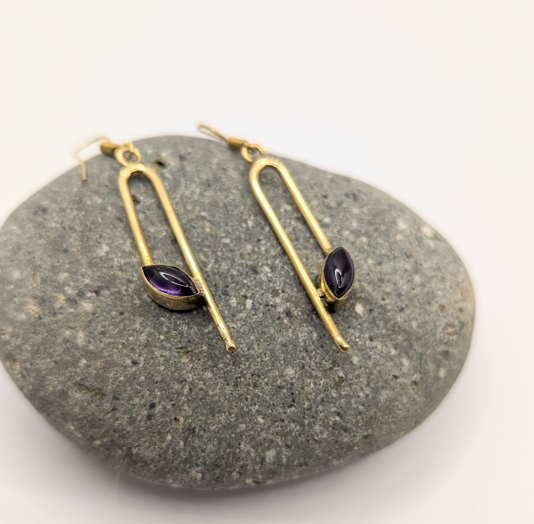 Geometrical Minimalist Gold Earrings with Natural Stone