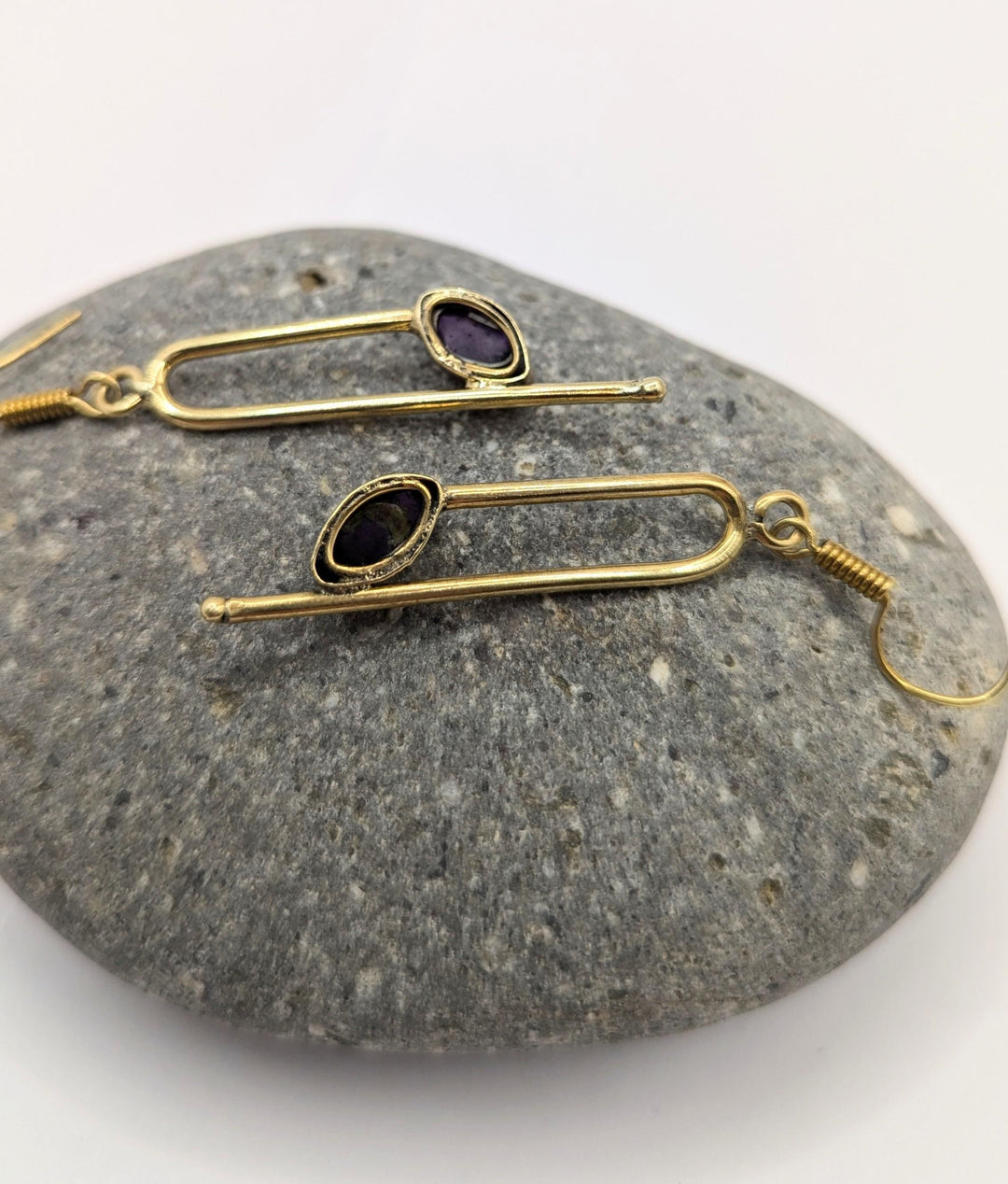 Geometrical Minimalist Gold Earrings with Natural Stone