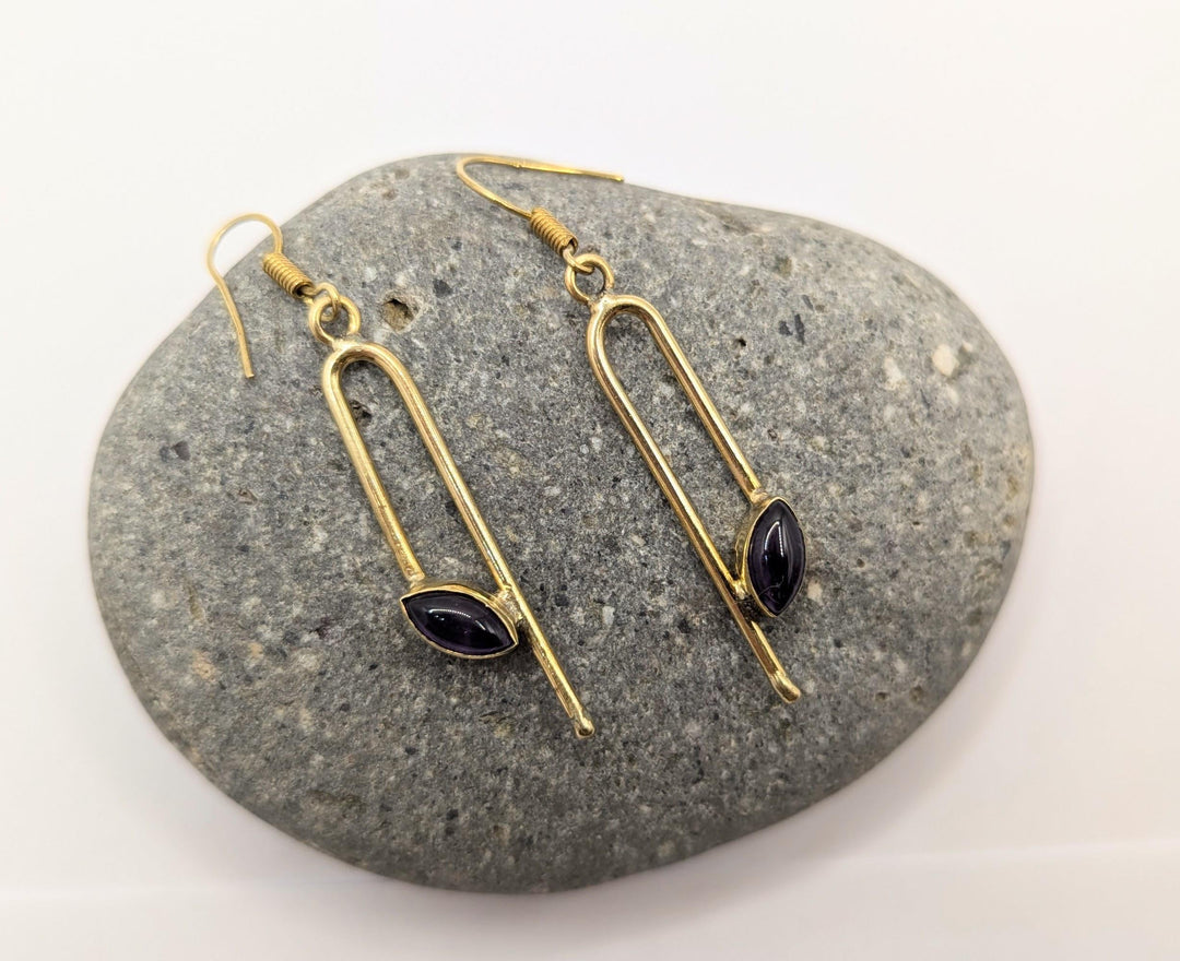 Geometrical Minimalist Gold Earrings with Natural Stone