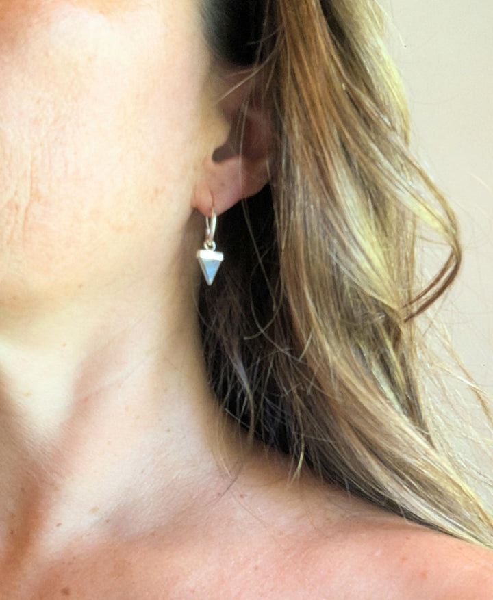 Hoop Earrings with Triangular Gemstone Dangle — 925 Silver