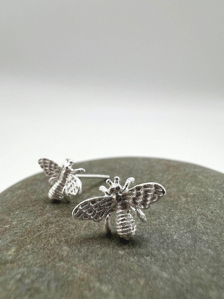 Bee Stud Earrings — Matte 925 Silver