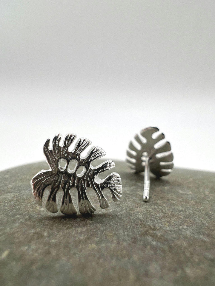 Matte Monstera Leaf Stud Earrings — 925 Silver
