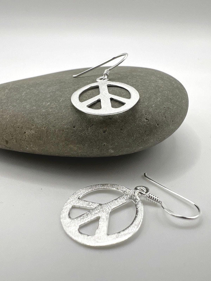 Matte Peace Symbol Dangle Earrings — 925 Silver