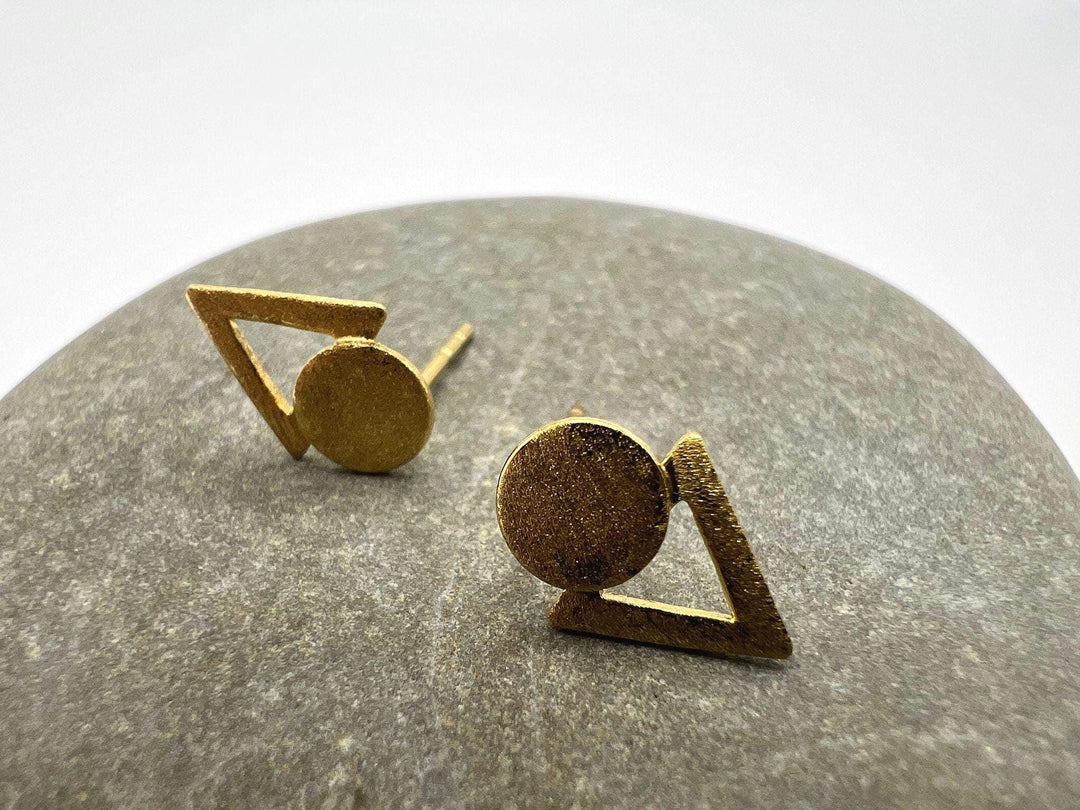Matte Geometric Triangle Circle Stud Earrings — 18k Gold Plated