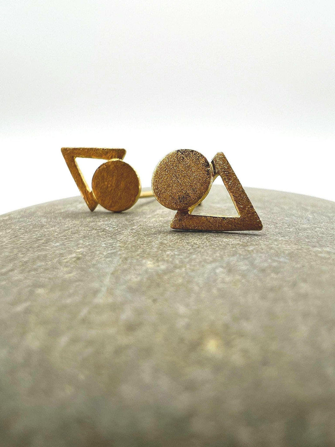 Matte Geometric Triangle Circle Stud Earrings — 18k Gold Plated