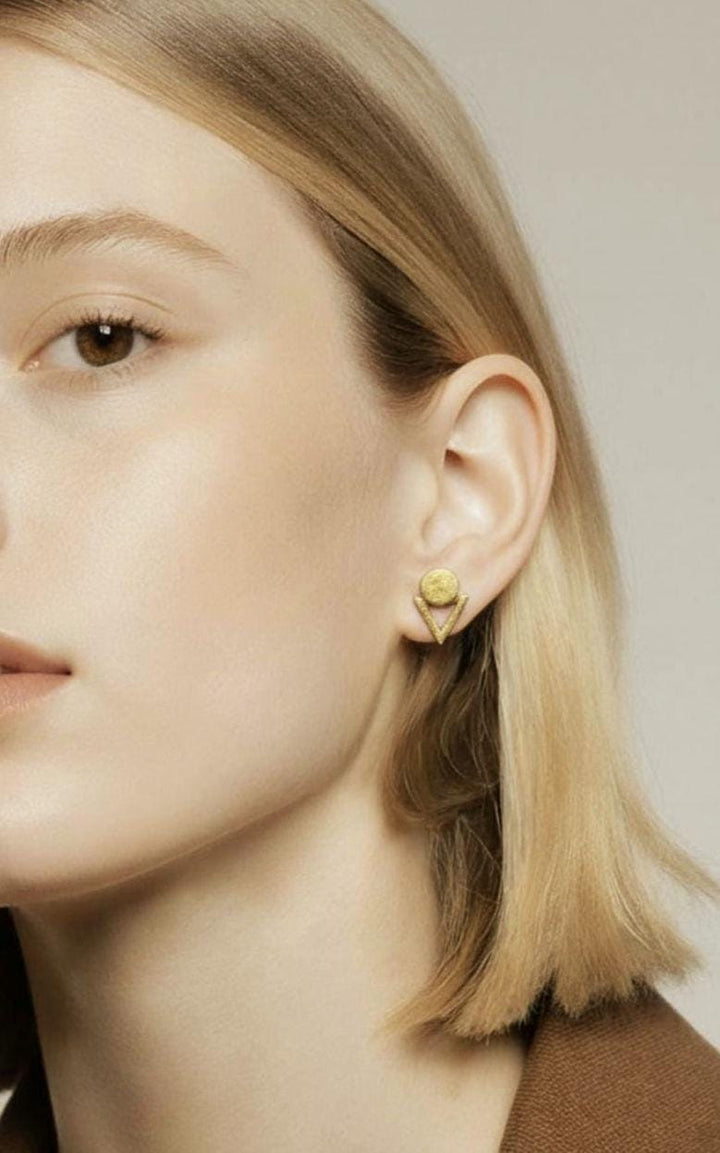 Matte Geometric Triangle Circle Stud Earrings — 18k Gold Plated