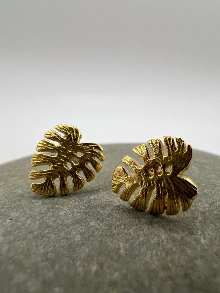 Matte Monstera Leaf Stud Earrings — 18k Gold Plated