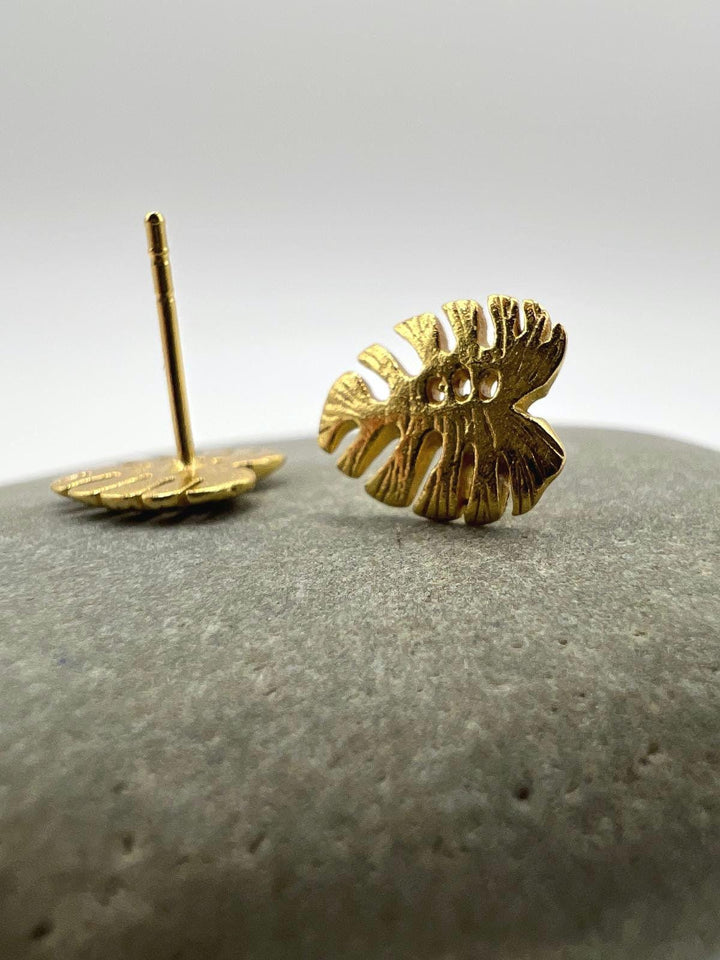 Matte Monstera Leaf Stud Earrings — 18k Gold Plated