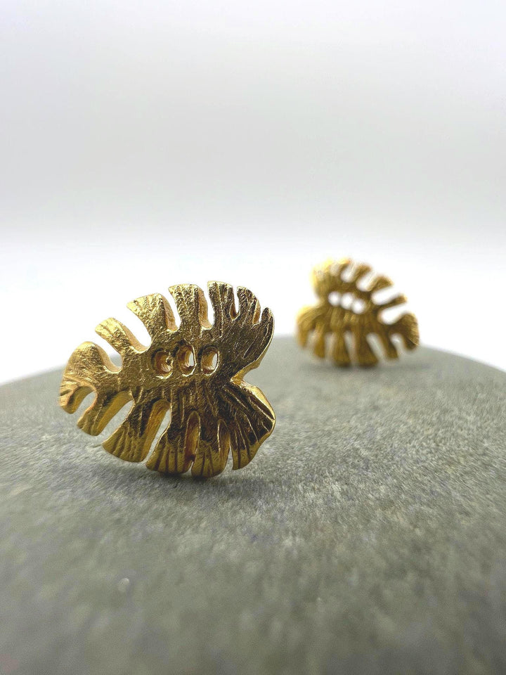 Matte Monstera Leaf Stud Earrings — 18k Gold Plated