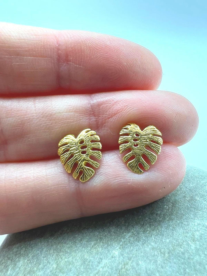 Matte Monstera Leaf Stud Earrings — 18k Gold Plated
