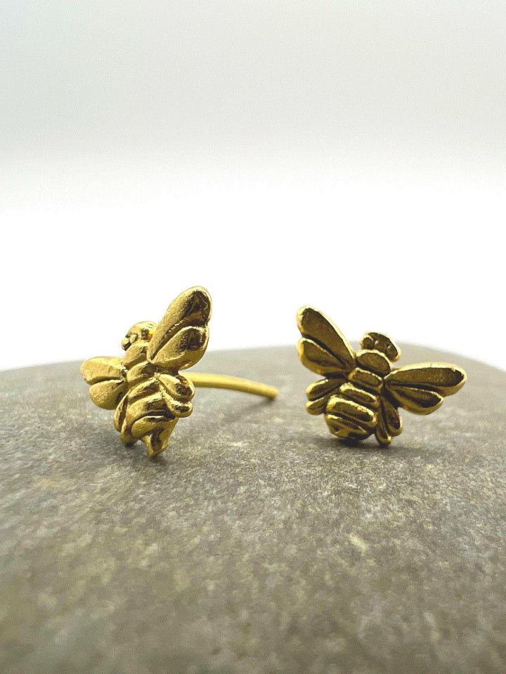 Mini Bee Stud Earrings — Matte 18k Gold Plated