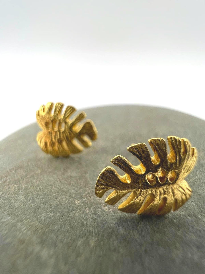 Matte Monstera Leaf Stud Earrings — 18k Gold Plated