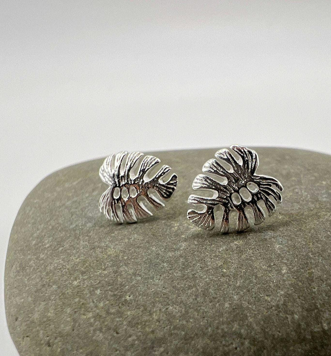 Matte Monstera Leaf Stud Earrings — 925 Silver
