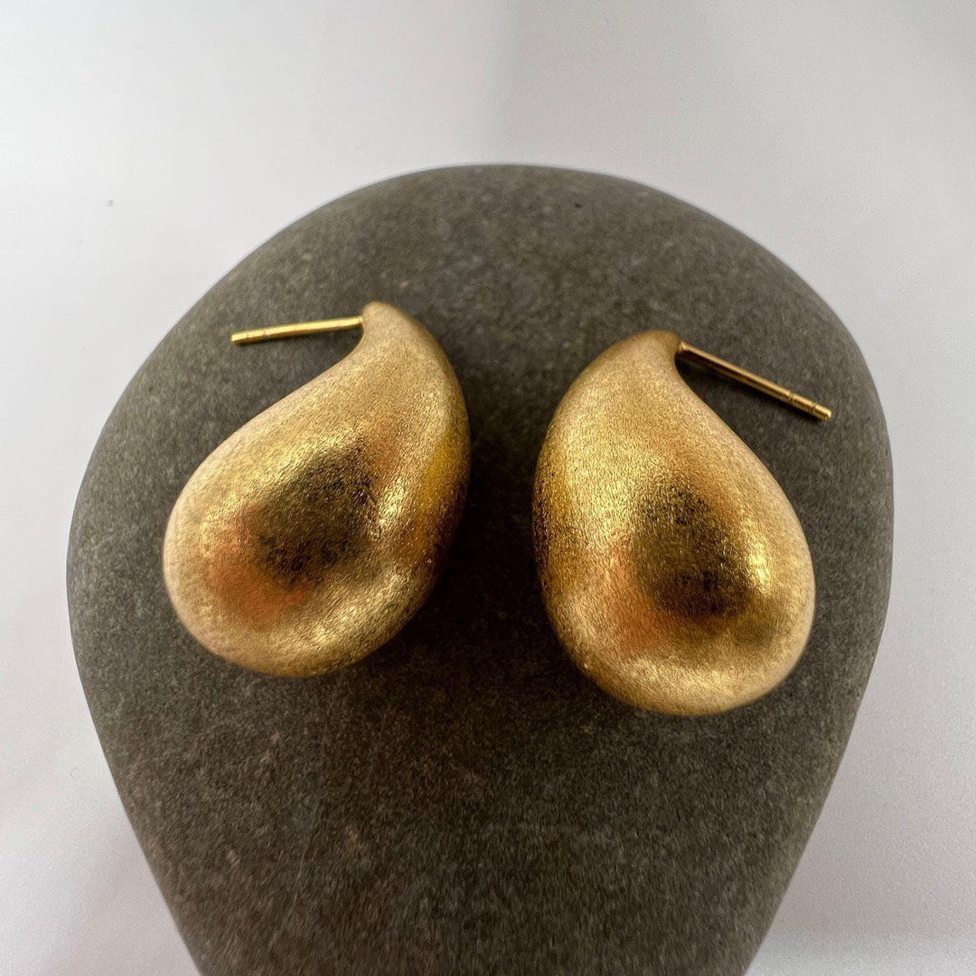 Large Matte Gold Teardrop Stud Earrings — 18k Gold Plated
