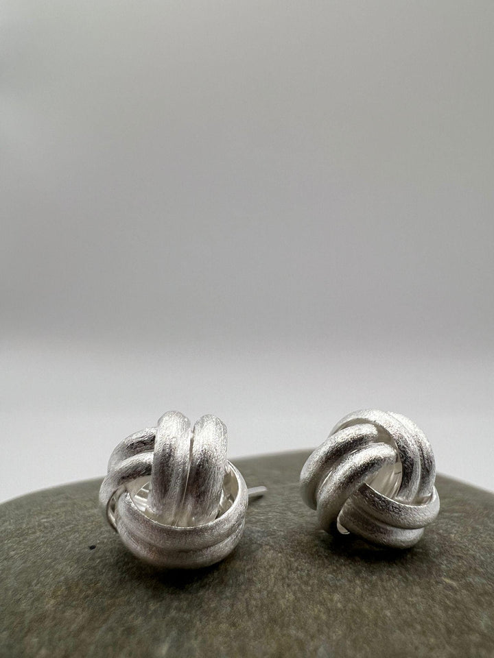 Matte Silver Knot Stud Earrings — 925 Silver