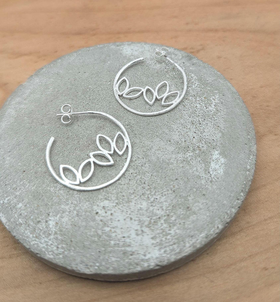 Matte Leaf Hoop Earrings — 925 Silver