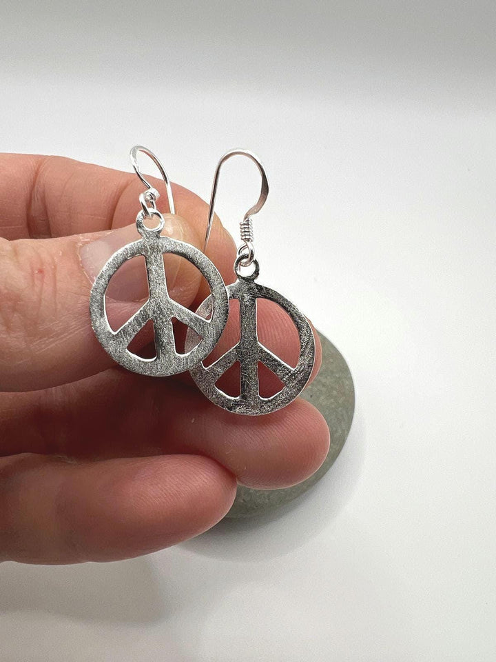 Matte Peace Symbol Dangle Earrings — 925 Silver